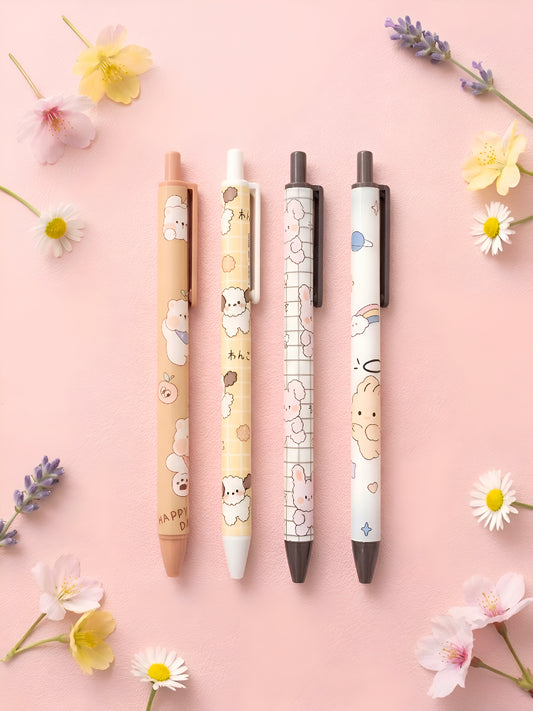 4 stylos kawaii chiot nuage aux motifs pastel : beige Happy Day, jaune Wanko, grille blanche et blanc arc-en-ciel