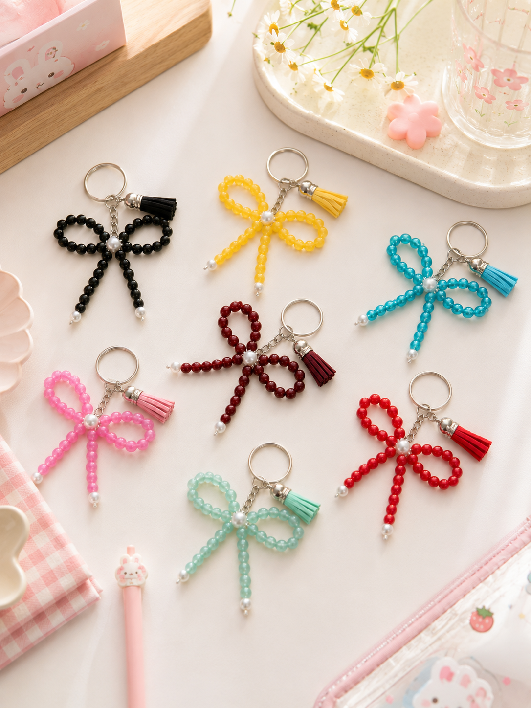 Porte-clé Nœud Perles & Pompon 🎀✨