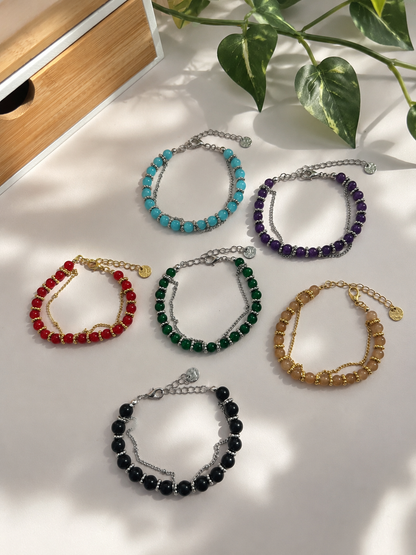 Bracelets double rang en perles de verre colorées avec chaîne dorée ou argentée – Cuteberry