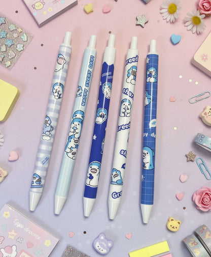 Stylo bille kawaii requin – 5 designs aléatoires bleu et blanc