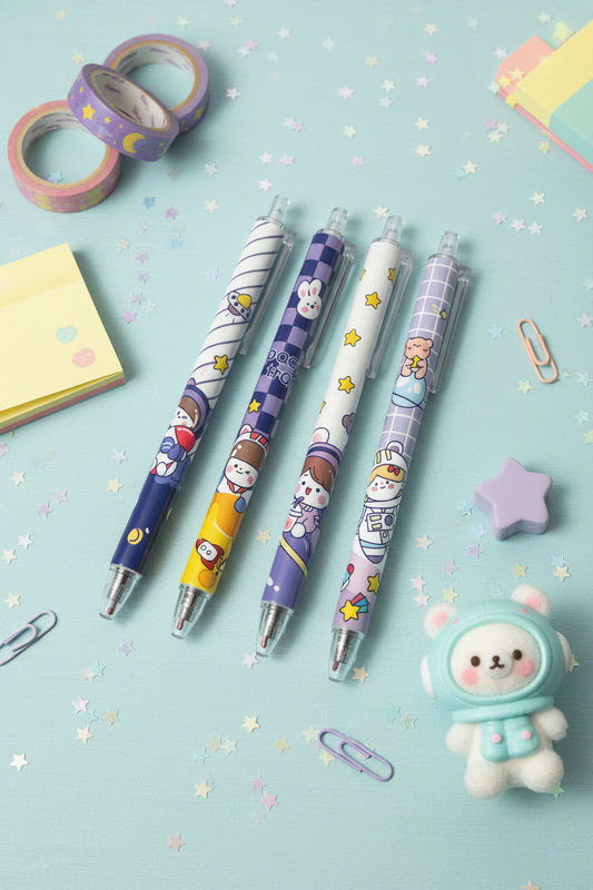 Stylo bille kawaii Space Travel – 4 designs aléatoires bleu et violet