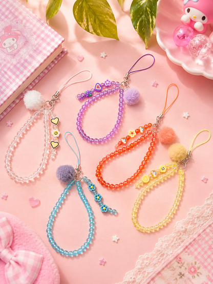 Chaîne de téléphone Pompon & Perles Kawaii