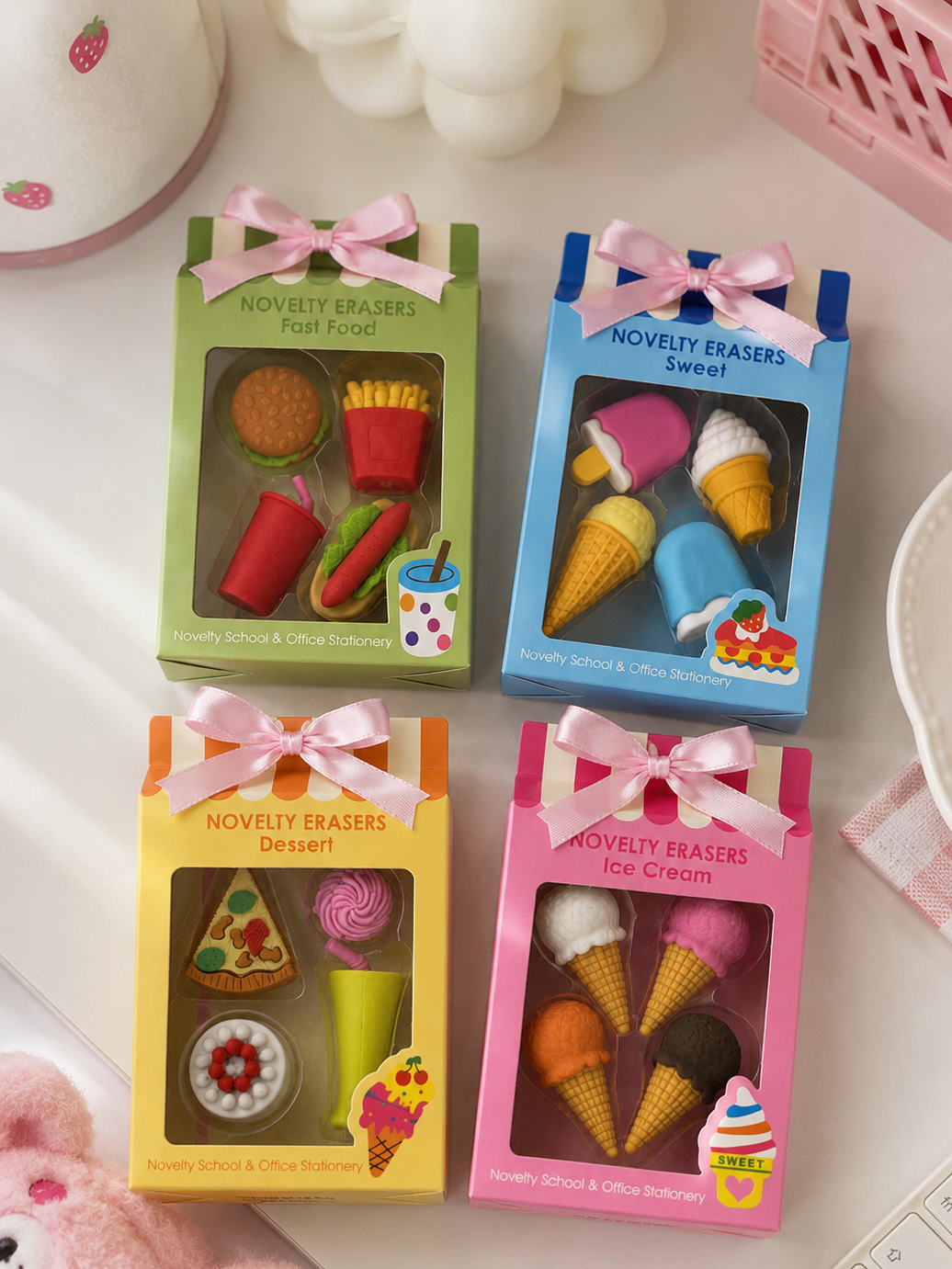 4 boîtes de gommes kawaii Novelty Erasers : Fast Food verte, Sweet bleue, Dessert jaune, Ice Cream rose