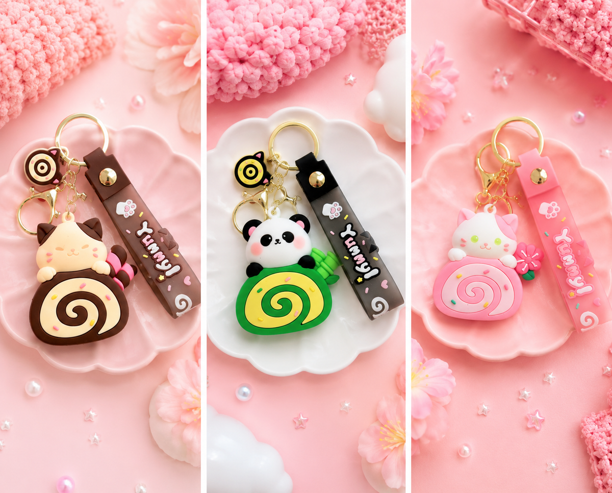 Porte-clé kawaii gâteau roulé en 3 coloris : chocolat avec chat, matcha avec panda, fraise avec chaton