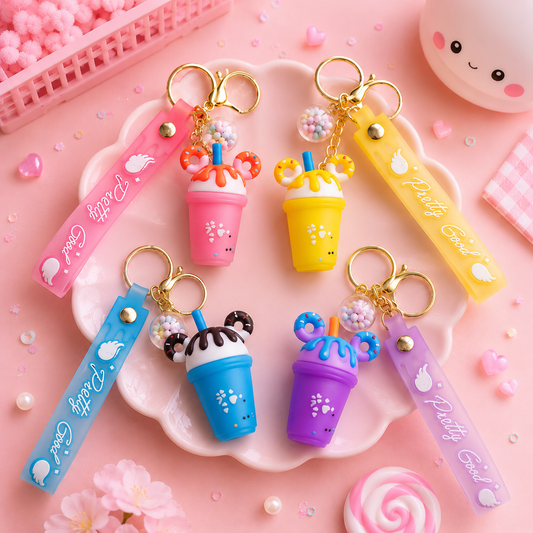 Porte-clés kawaii bubble tea en 4 coloris : rose, bleu, jaune et violet, avec dragonne Pretty Good assortie