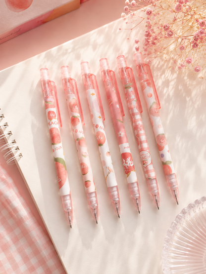 6 porte-mines kawaii pêche aux tons rose et pêche pastel avec illustrations de pêches et fleurs