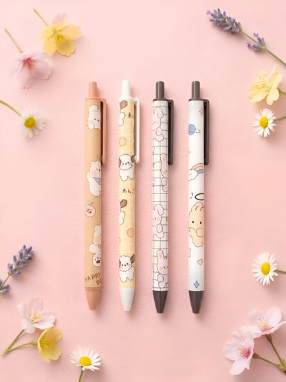 4 stylos kawaii chiot nuage aux motifs pastel : beige Happy Day, jaune Wanko, grille blanche et blanc arc-en-ciel